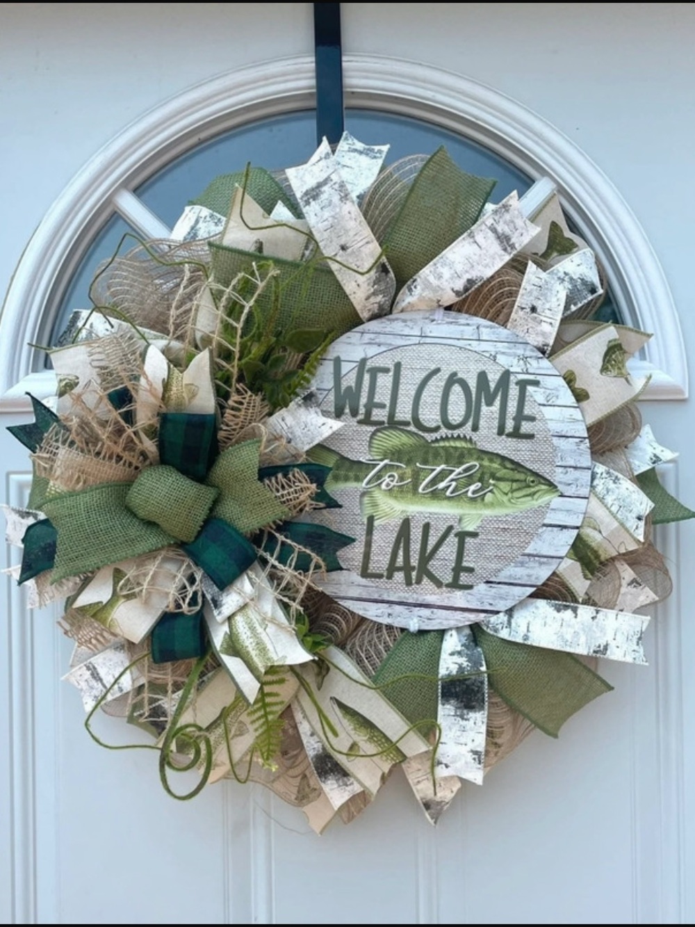 Welcome to the Lake Green & White Burlap Wreath